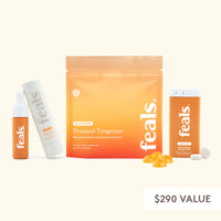 A product bundle of Feals including Feals Relax Gummies, Feals Oil, and Feals Mints, with a '$290 VALUE' label at the bottom right.